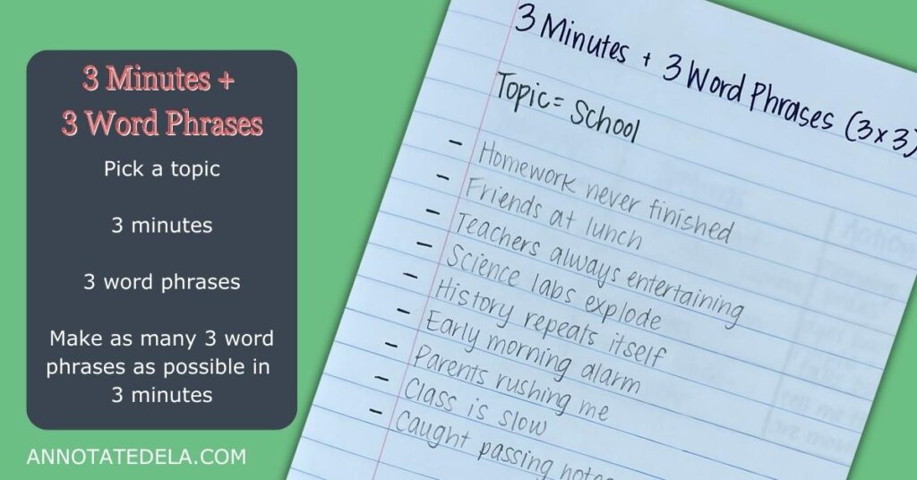 Writer's Notebook Ideas for Middle School 3 x 3. 3-word phrases in 3 minutes.