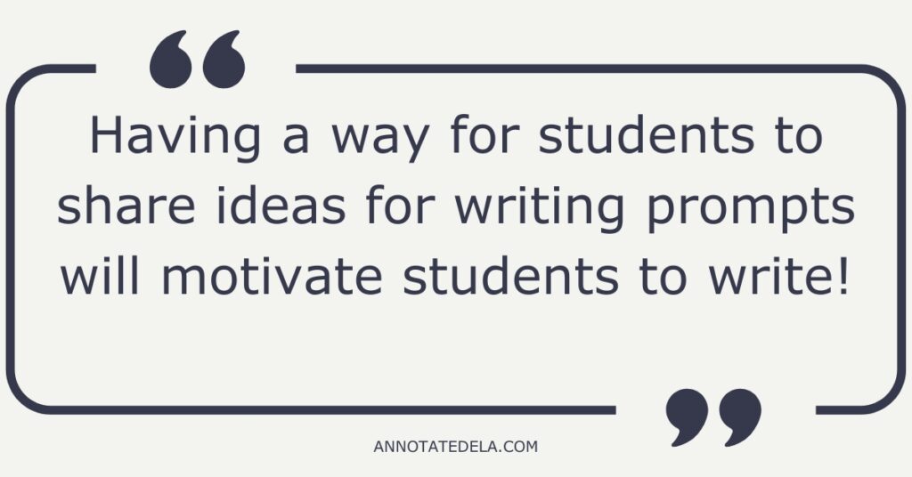 Quote for creating a culture of writing. Having a way for students to share ideas for writing prompts will motivate students to write. 