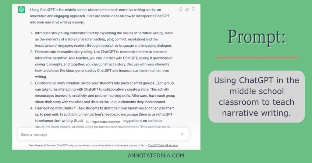Screenshot of Chat GPT results for using the technology for narrative writing in the classroom. 