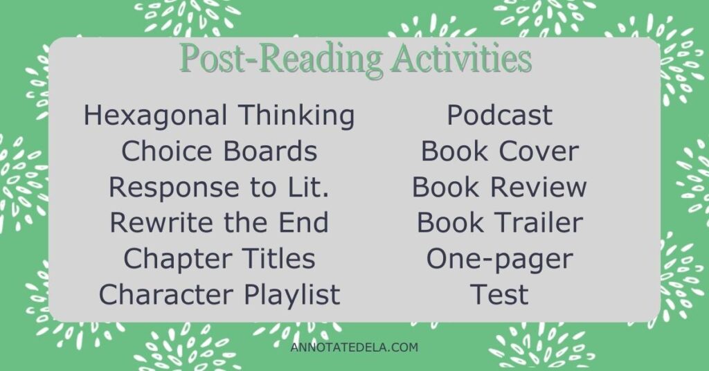 Picture of possible post-reading activities for novel unit planning.