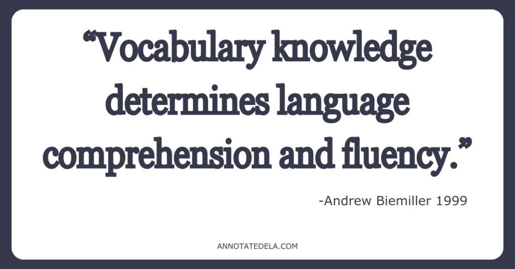 Quote about context clues in reading. "Vocabulary knowledge determines language comprehension and fluency."