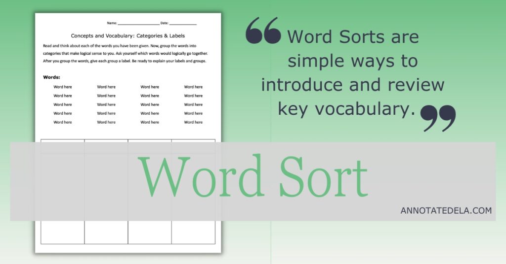 Image of a word sort example as an effective vocabulary tool.