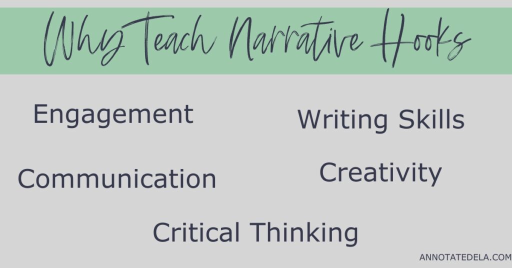 Reasons for teaching narrative hooks. These include: engagement, writing skills, creativity, communication, and critical thinking.