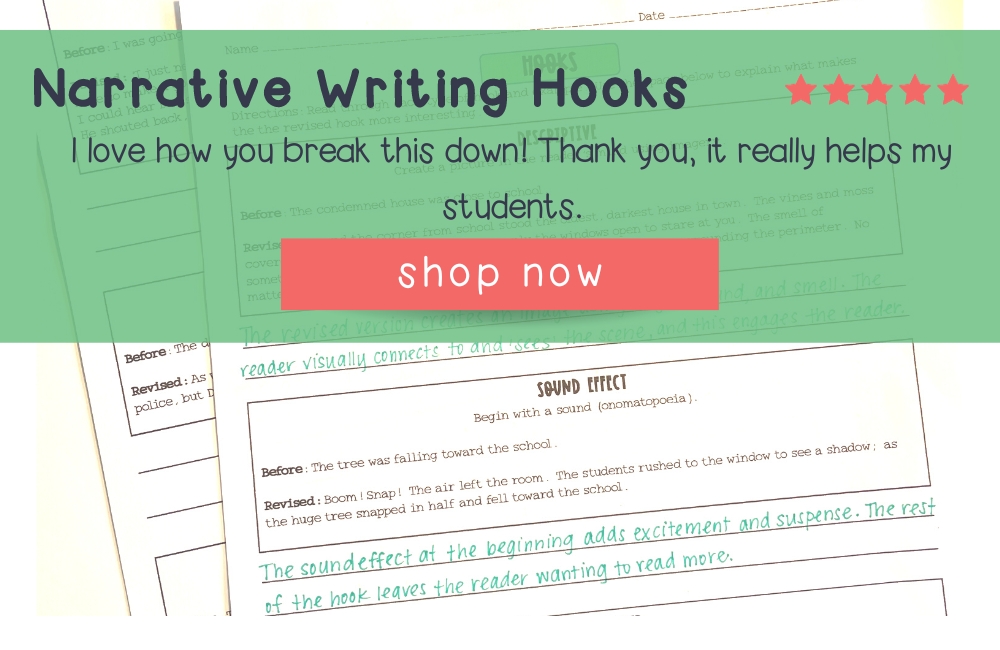 Image of narrative hooks resource and a 5 star review. 